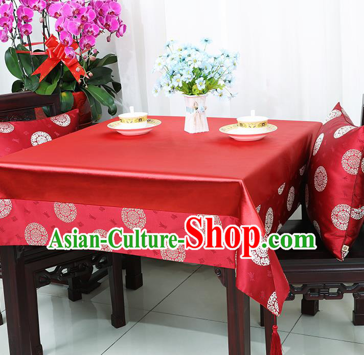 Chinese Traditional Fu Character Pattern Red Brocade Table Cloth Classical Satin Household Ornament Desk Cover