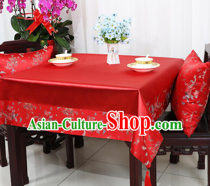 Chinese Traditional Phoenix Peony Pattern Red Brocade Table Cloth Classical Satin Household Ornament Desk Cover