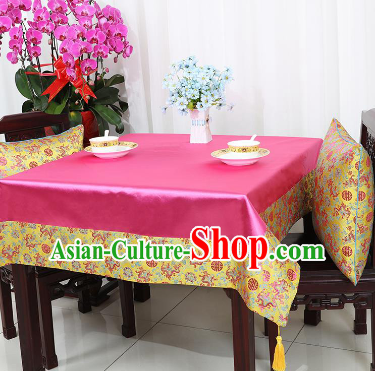 Chinese Traditional Dragons Pattern Rosy Brocade Table Cloth Classical Satin Household Ornament Desk Cover