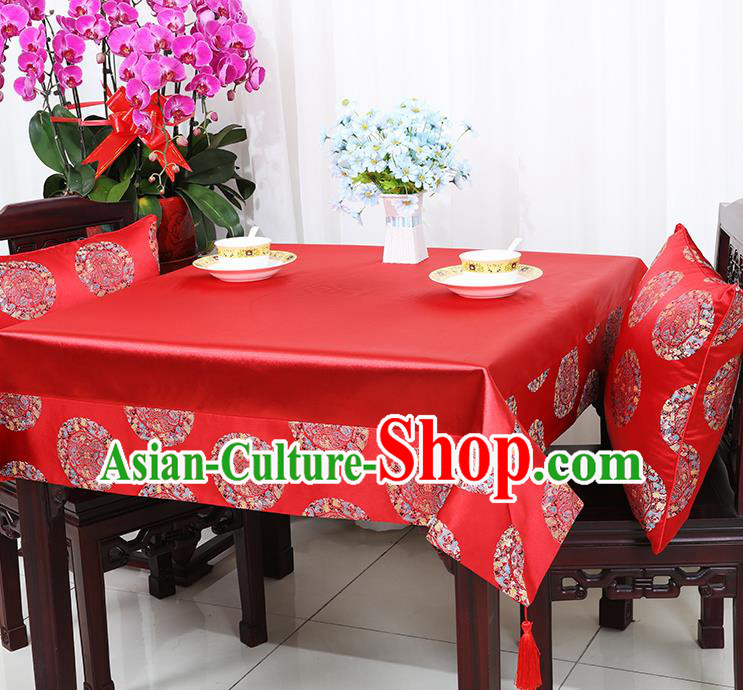 Chinese Traditional Round Dragons Pattern Red Brocade Table Cloth Classical Satin Household Ornament Desk Cover