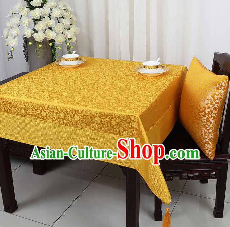 Chinese Traditional Peony Pattern Golden Brocade Table Cloth Classical Satin Household Ornament Desk Cover