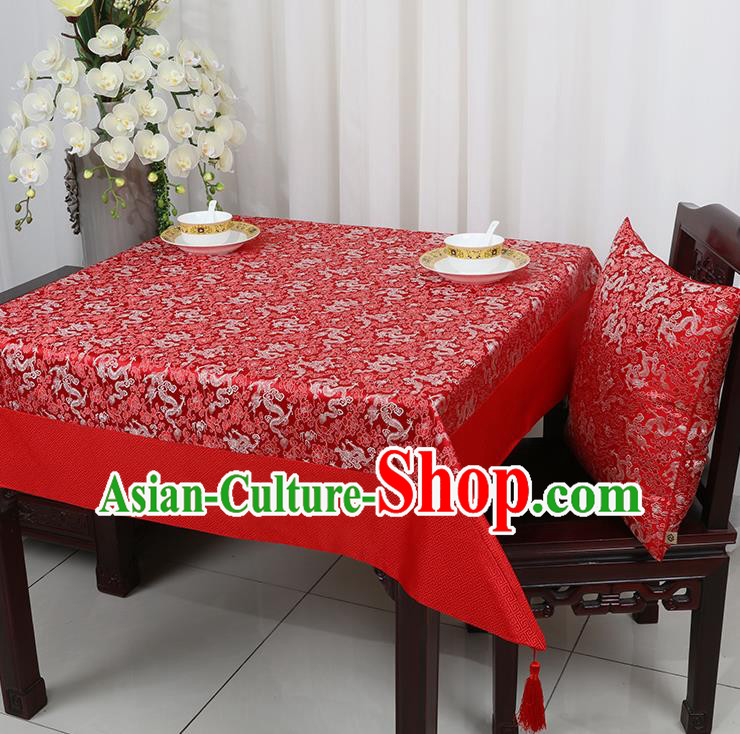 Chinese Traditional Dragons Pattern Red Brocade Table Cloth Classical Satin Household Ornament Desk Cover