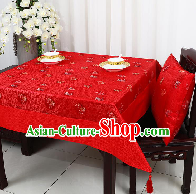 Chinese Traditional Orchid Chrysanthemum Pattern Red Brocade Table Cloth Classical Satin Household Ornament Desk Cover
