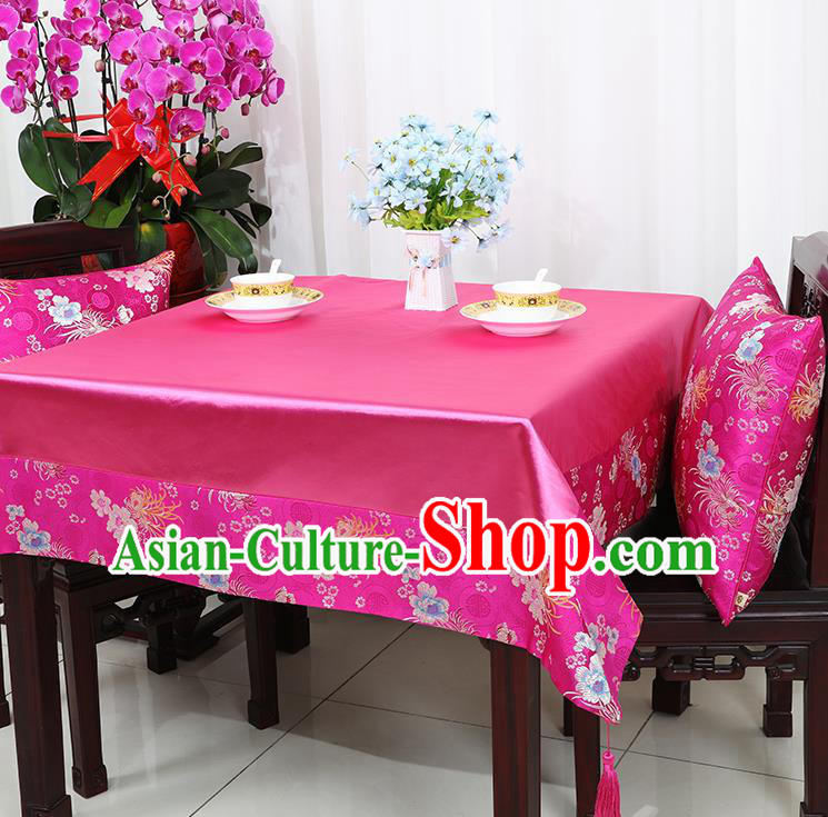 Chinese Traditional Chrysanthemum Pattern Rosy Brocade Table Cloth Classical Satin Household Ornament Desk Cover
