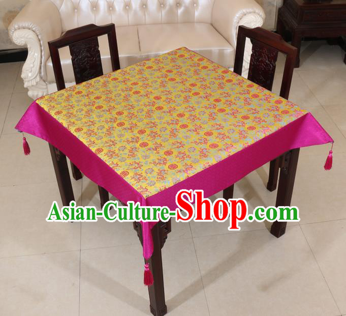 Chinese Traditional Dragons Pattern Yellow Brocade Desk Cloth Classical Satin Household Ornament Table Cover