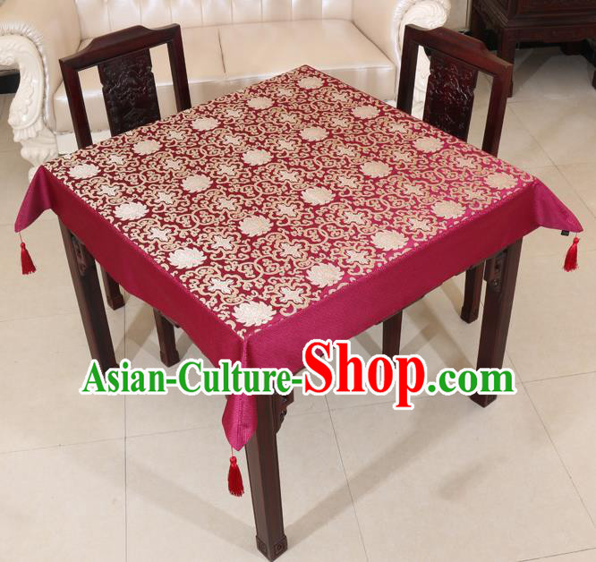 Chinese Traditional Lotus Pattern Wine Red Brocade Desk Cloth Classical Satin Household Ornament Table Cover