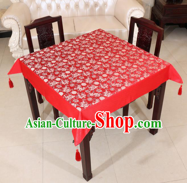 Chinese Traditional Longevity Dragons Pattern Red Brocade Desk Cloth Classical Satin Household Ornament Table Cover