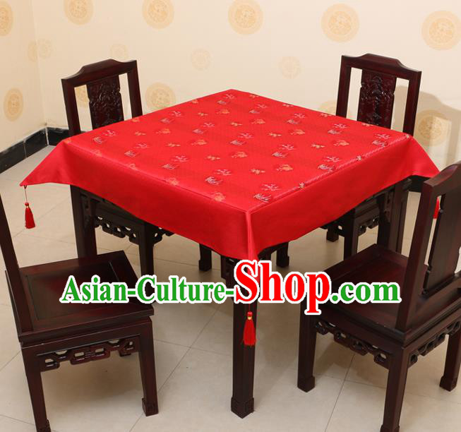 Chinese Traditional Orchid Bamboo Chrysanthemum Pattern Red Brocade Desk Cloth Classical Satin Household Ornament Table Cover