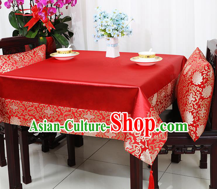 Chinese Traditional Lotus Pattern Red Brocade Table Cloth Classical Satin Household Ornament Desk Cover