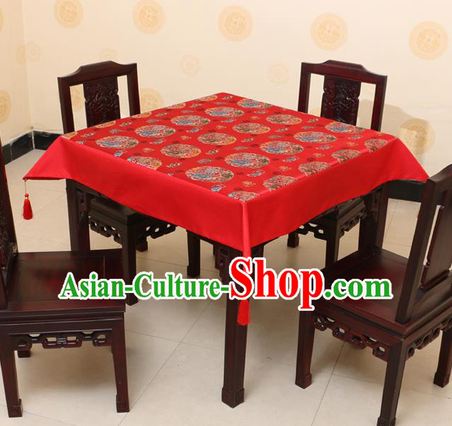 Chinese Traditional Peony Lotus Pattern Red Brocade Desk Cloth Classical Satin Household Ornament Table Cover