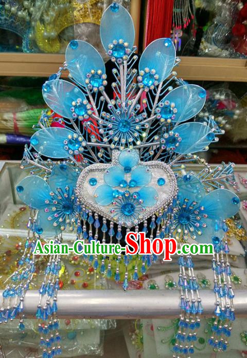 Chinese Traditional Beijing Opera Imperial Consort Blue Phoenix Coronet Head Ornaments Hair Accessories for Adults