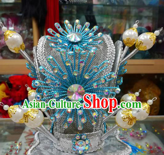 Chinese Traditional Beijing Opera Headwear Peking Opera Niche Blue Beads Hairdo Crown for Adults