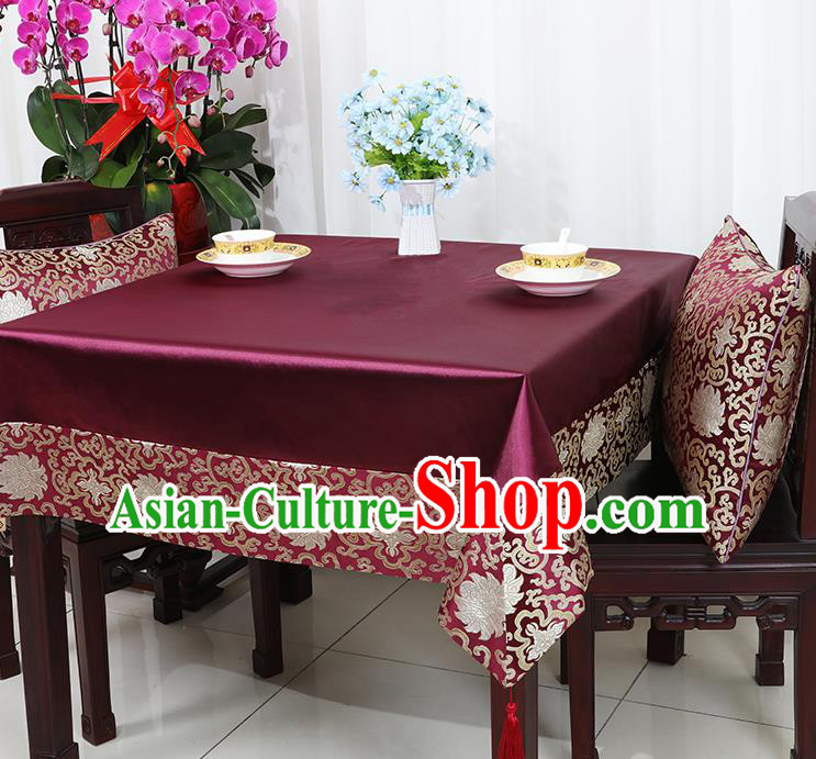 Chinese Traditional Lotus Pattern Purple Brocade Table Cloth Classical Satin Household Ornament Desk Cover