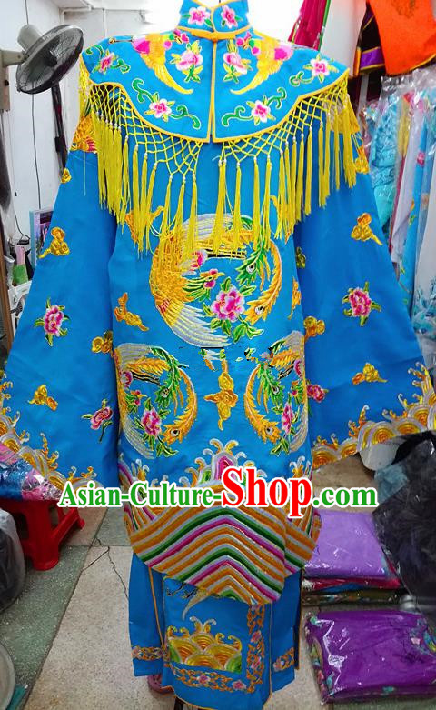 Chinese Traditional Beijing Opera Empress Blue Embroidered Dress Peking Opera Actress Costume for Adults