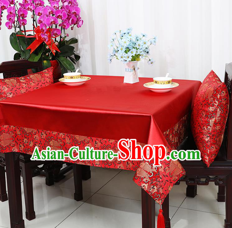 Chinese Traditional Double Fishes Pattern Red Brocade Table Cloth Classical Satin Household Ornament Desk Cover