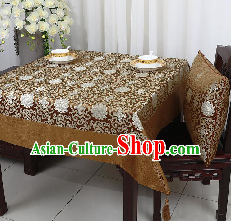 Chinese Traditional Lotus Pattern Brown Brocade Table Cloth Classical Satin Household Ornament Desk Cover