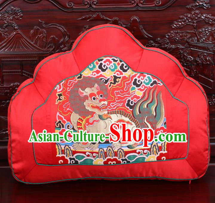 Chinese Traditional Embroidered Kylin Pattern Red Brocade Back Cushion Cover Classical Household Ornament