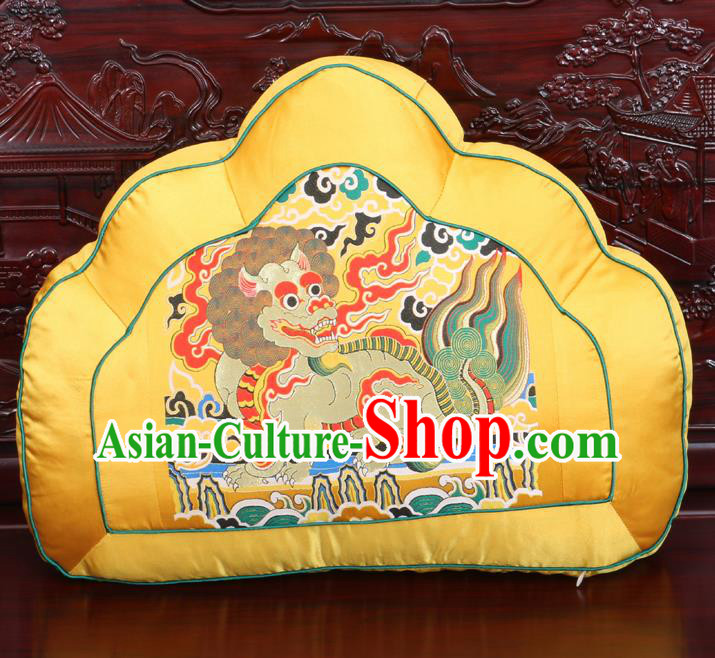 Chinese Traditional Embroidered Kylin Pattern Golden Brocade Back Cushion Cover Classical Household Ornament