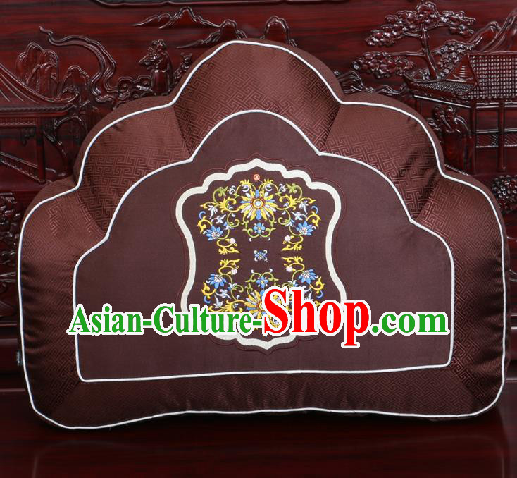 Chinese Traditional Embroidered Lotus Pattern Brown Brocade Back Cushion Cover Classical Household Ornament