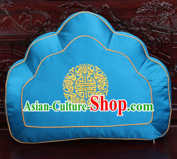 Chinese Traditional Embroidered Pattern Blue Brocade Back Cushion Cover Classical Household Ornament
