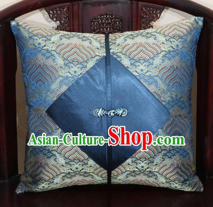 Chinese Classical Wave Pattern Navy Brocade Pipa Button Back Cushion Cover Traditional Household Ornament