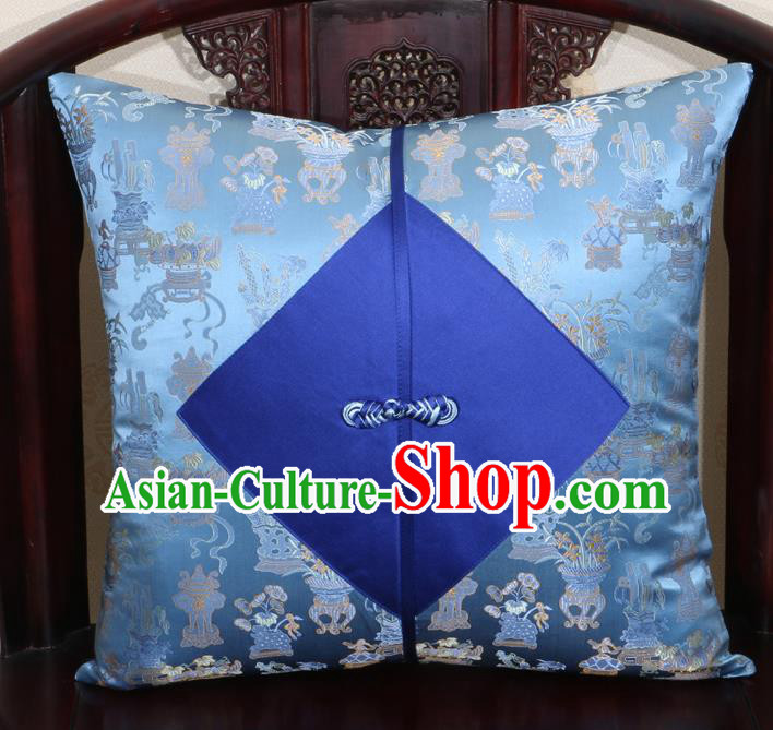 Chinese Classical Orchid Pattern Blue Brocade Pipa Button Back Cushion Cover Traditional Household Ornament