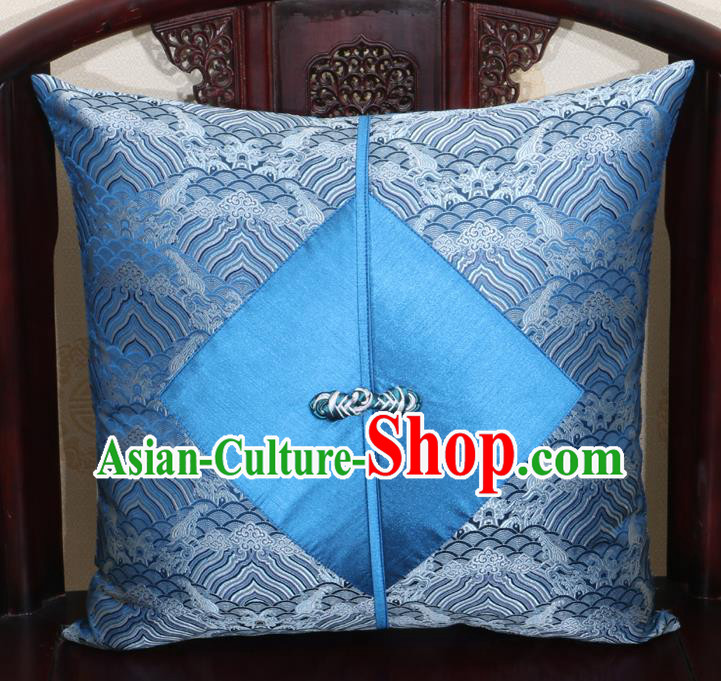 Chinese Classical Wave Pattern Blue Brocade Pipa Button Back Cushion Cover Traditional Household Ornament