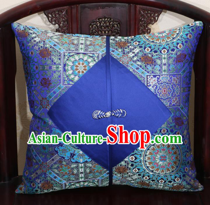 Chinese Classical Pattern Royalblue Brocade Pipa Button Back Cushion Cover Traditional Household Ornament