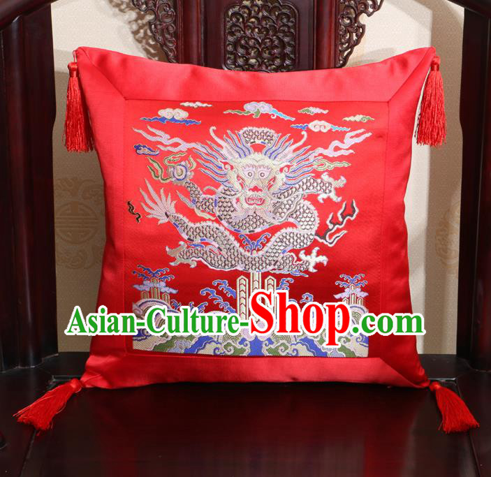 Chinese Classical Dragon Pattern Red Brocade Square Cushion Cover Traditional Household Ornament