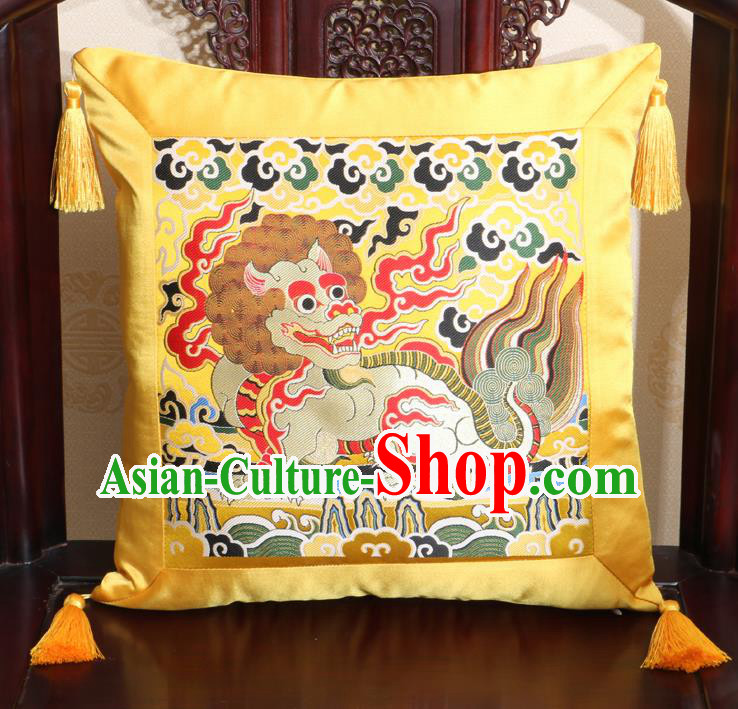 Chinese Classical Kylin Pattern Golden Brocade Square Cushion Cover Traditional Household Ornament