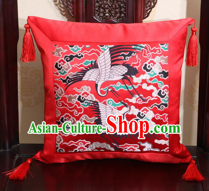 Chinese Classical Cranes Pattern Red Brocade Square Cushion Cover Traditional Household Ornament