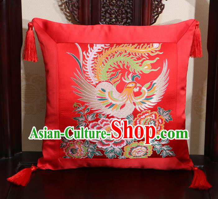 Chinese Classical Phoenix Peony Pattern Red Brocade Square Cushion Cover Traditional Household Ornament