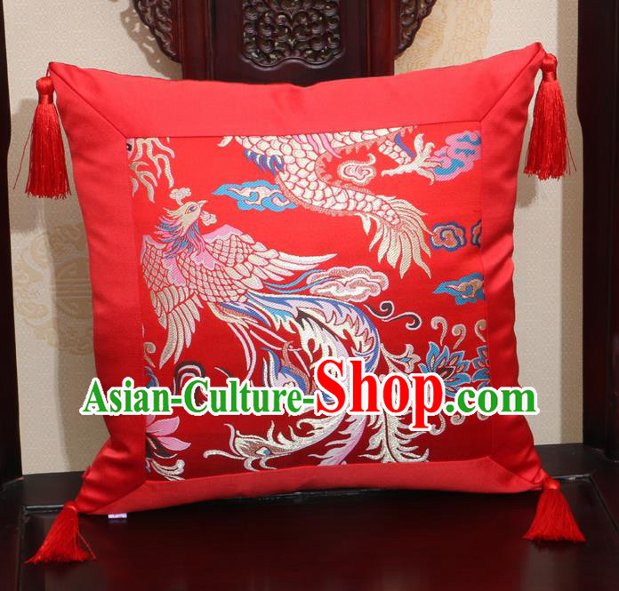 Chinese Classical Dragon Phoenix Pattern Red Brocade Square Cushion Cover Traditional Household Ornament