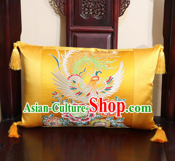 Chinese Traditional Phoenix Peony Pattern Golden Brocade Back Cushion Cover Classical Household Ornament