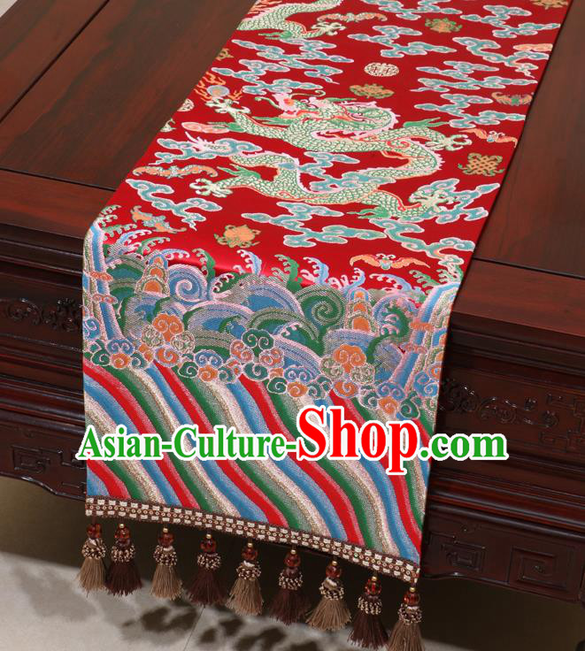 Chinese Traditional Dragon Pattern Red Brocade Table Flag Classical Satin Household Ornament Table Cover