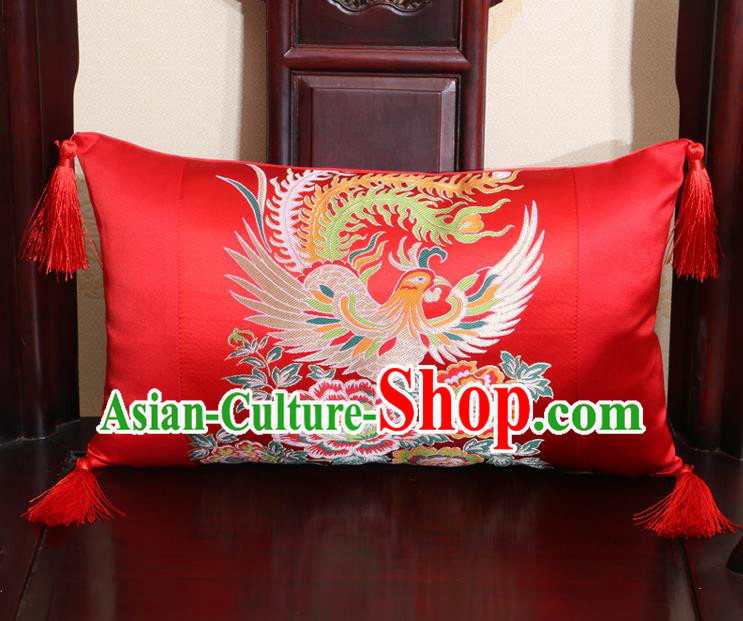 Chinese Traditional Phoenix Peony Pattern Red Brocade Back Cushion Cover Classical Household Ornament