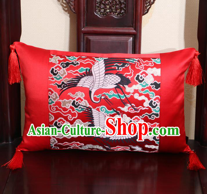 Chinese Traditional Cranes Pattern Red Brocade Back Cushion Cover Classical Household Ornament