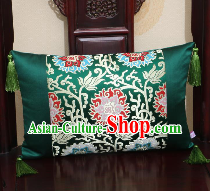 Chinese Traditional Lotus Pattern Green Brocade Back Cushion Cover Classical Household Ornament