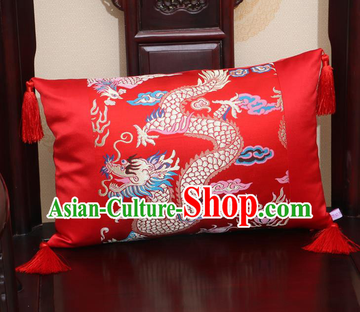 Chinese Traditional Dragon Pattern Red Brocade Back Cushion Cover Classical Household Ornament