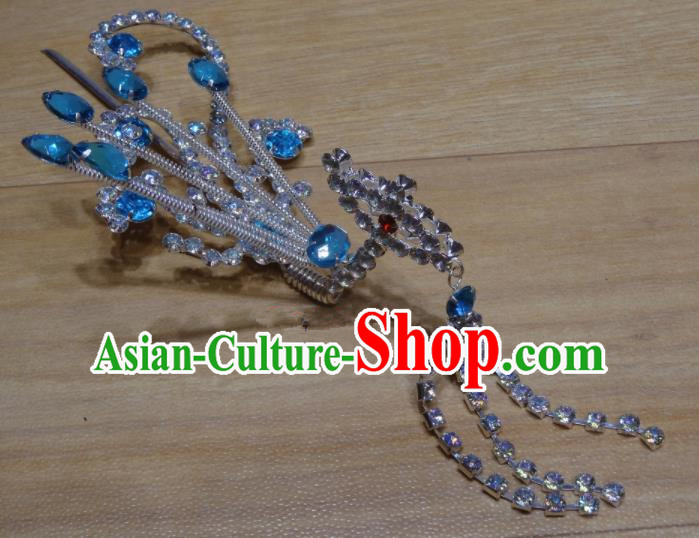 Chinese Traditional Beijing Opera Blue Crystal Phoenix Tassel Hairpins Princess Hair Accessories for Adults