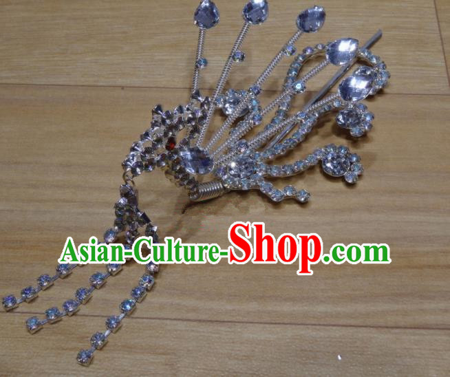 Chinese Traditional Beijing Opera Crystal Phoenix Tassel Hairpins Princess Hair Accessories for Adults