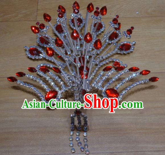 Chinese Traditional Beijing Opera Phoenix Hairpins Princess Red Crystal Hair Accessories for Adults