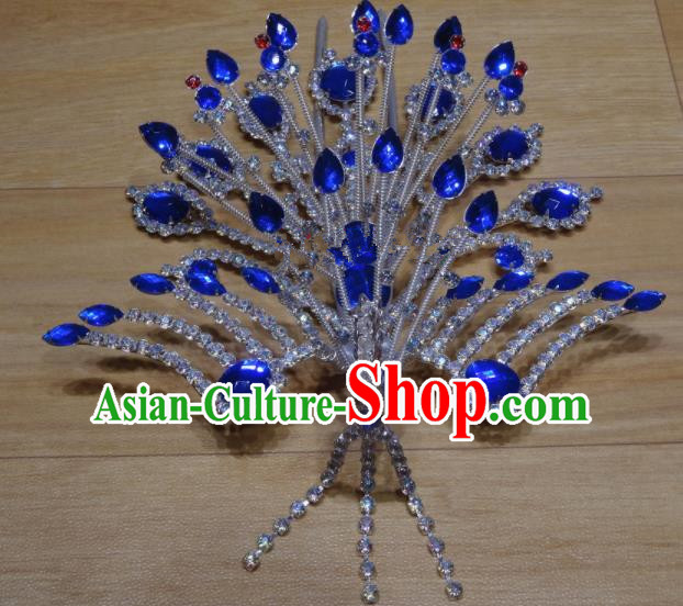 Chinese Traditional Beijing Opera Phoenix Hairpins Princess Royalblue Crystal Hair Accessories for Adults