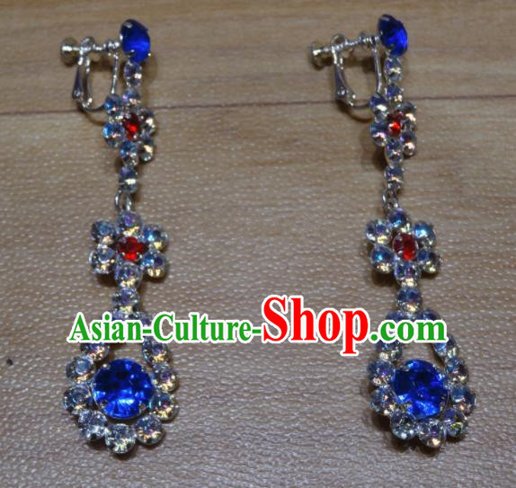 Chinese Traditional Beijing Opera Royalblue Crystal Earrings Peking Opera Diva Ear Accessories for Adults