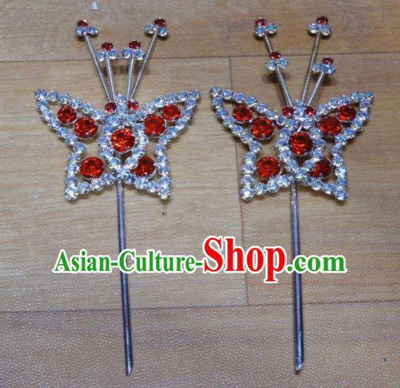 Chinese Traditional Beijing Opera Butterfly Hairpins Princess Red Crystal Hair Accessories for Adults