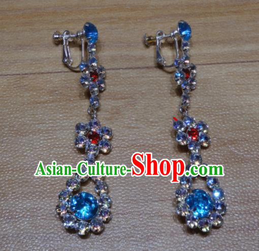 Chinese Traditional Beijing Opera Blue Crystal Earrings Peking Opera Diva Ear Accessories for Adults