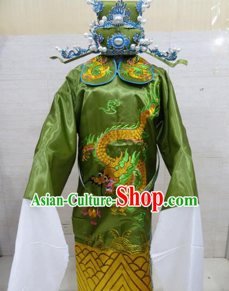 Chinese Traditional Beijing Opera Prime Minister Green Embroidered Robe Peking Opera Old Men Costume for Adults