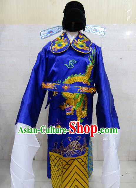 Chinese Traditional Beijing Opera Prime Minister Royalblue Embroidered Robe Peking Opera Old Men Costume for Adults