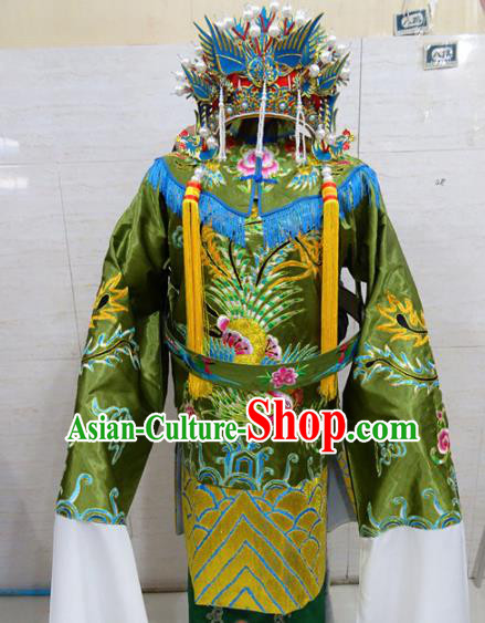 Chinese Traditional Beijing Opera Old Female Green Embroidered Phoenix Robe Peking Opera Costume for Adults