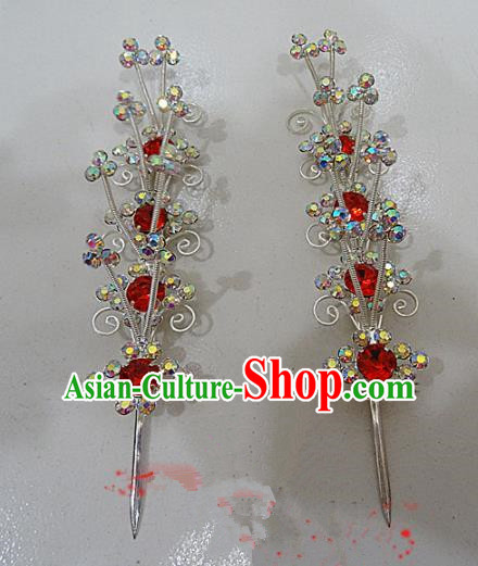 Chinese Traditional Beijing Opera Red Crystal Hairpins Princess Hair Accessories for Adults
